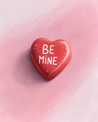 A red heart with the words "Be Mine" written on it lies on a pink surface.
