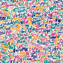 Fototapeta premium A spontaneous handwriting pattern of inspirational words and phrases, all written in different playful styles, creating a lively and motivational background.