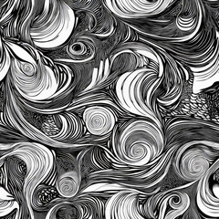 A mesmerizing abstract doodle pattern with continuous swirling spirals and looping waves. Some lines are thick, while others are thin and delicate, creating a dynamic sense of movement and energy in