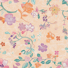 A hanbok fabric pattern with intricate floral embroidery and pastel colors