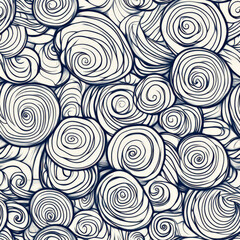 A seamless vortex-inspired doodle pattern featuring hypnotic hand-drawn spirals, curvy swirls, and concentric loops. The playful irregularities in the lines add a sense of artistic spontaneity and