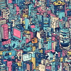 Obraz premium A seamless futuristic cityscape doodle pattern with tiny hand-sketched skyscrapers, flying cars, and holographic billboards, all drawn with a spontaneous, energetic feel.