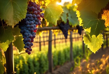 Fototapeta premium captivating vineyard scene featuring vibrant grape clusters expansive landscape lush greenery rolling hills, nature, agriculture, wine, harvest, farm