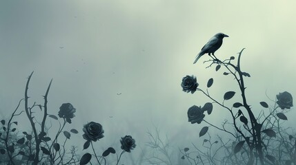 A crow sits atop a thorny rosebush in a misty, gothic-inspired setting.