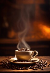 Fototapeta premium close roasted coffee beans featuring vibrant steam swirls creating warm inviting scene, aroma, dark, light, organic, beverage, cup, barista, blend, ground