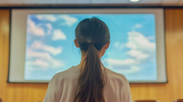 woman watching a scenic projection screen