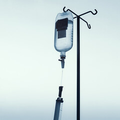 IV drip in the hospital. Medical infusion bottle. Recovery therapy clinic. Illness treatment.