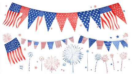 Obraz premium American flag color banners, garlands and fireworks vector collection. Happy Independence Day, 4th July, american holidays design elements isolated on white background