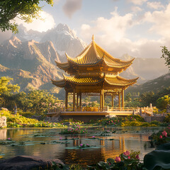 A magnificent Chinese-style building stands in the center of an oriental garden, surrounded by lotus flowers and reflecting on the water. The golden architecture exudes ancient charm, while 