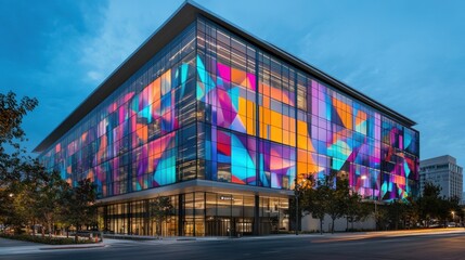 Obraz premium Office building with AI-controlled glass panels that change patterns dynamically