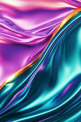 Turquoise, purple and gold smooth, wavy lines reflecting metallic and glossy surfaces. Advertising campaign design. Elements of digital interface or futuristic design.