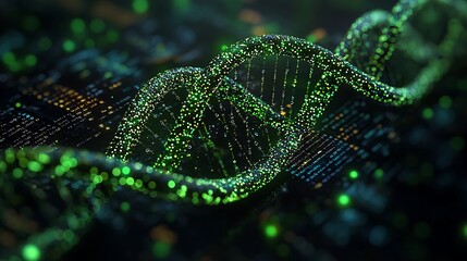 Digital DNA: A mesmerizing digital rendering of a DNA double helix, illuminated in glowing green, pulsating with data and code, representing the intricacies of genetics and life.  