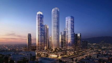 Obraz premium Office skyscrapers in Los Angeles during golden hour, elegant and modern architecture