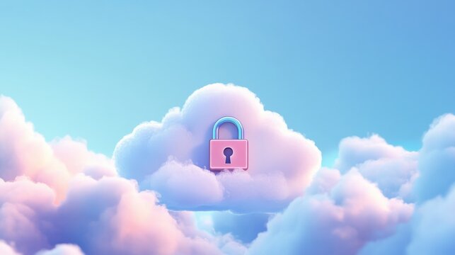 Abstract illustration of cloud security services, stylized cloud icon integrated with a secure padlock symbol, representing data protection and cybersecurity in cloud computing environments.
