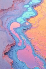 Fototapeta premium A high-resolution macro photograph captures an abstract pastel iridescent holographic foil background, featuring light leaks. The image highlights wrinkled holo-colored material with a cool, glittery