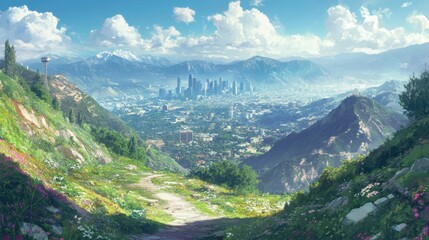 Panoramic cityscape of Los Angeles from a mountaintop, breathtaking view