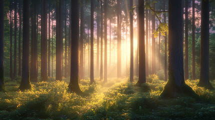Fototapeta premium A mystical forest bathed in the soft glow of twilight, with towering trees and vibrant foliage creating an otherworldly atmosphere. The sky is painted with hues of pink and purple, as if it 
