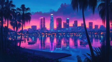 Obraz premium Panoramic view of LA skyline with surreal lighting, blending vibrant neon and natural colors