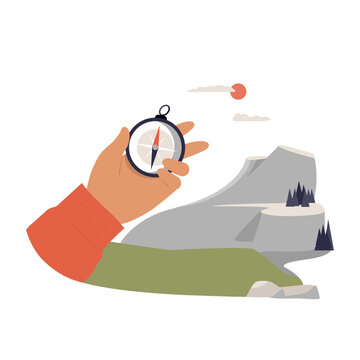 Hand Holding Compass Against Mountain Landscape In Flat Vector Illustration Symbolizing Exploration, Adventure, And Navigation, Isolated On White Background