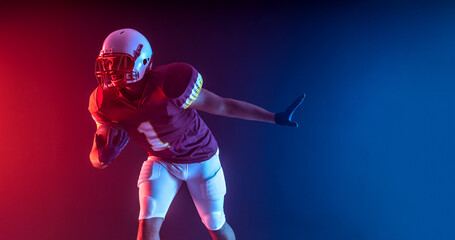 Naklejka premium American football player banner with neon colors. Template for bookmaker ads with copy space. Mockup for betting advertisement. Sports betting, football betting, gambling, bookmaker, big win