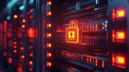 Fototapeta premium Digital security concept with glowing padlock on server rack