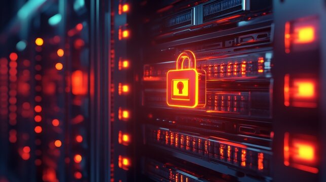 Digital security concept with glowing padlock on server rack