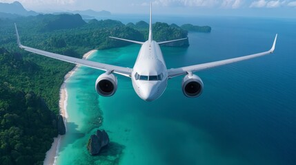 Fototapeta premium Aircraft flying over tropical island paradise, turquoise water, lush green forest, sandy beach, pixel art style, scenic aerial view, bright sunlight