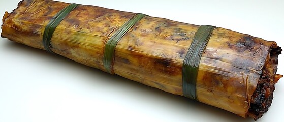 &bull; A meticulously formed zongzi, wrapped in green bamboo leaves, occupies the precise center of a radiant white surface. The triangular bundle and carefully folded leaves are sharply rendered 