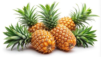 Fototapeta premium Row of Fresh Pineapples isolated on white background-A row of five ripe pineapples with green leaves, isolated on a white background, showcasing their vibrant color and texture. 