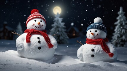 Snowmans on soft snow blue background