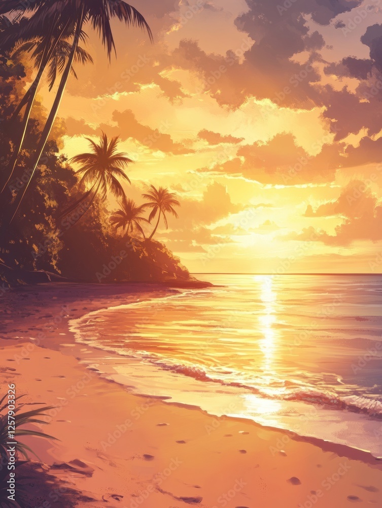 Poster vibrant sunset over a tranquil beach with palm trees and calm waters in a tropical paradise. generat