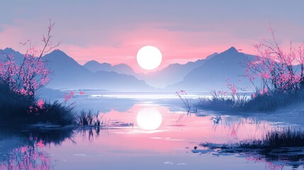 Peaceful sunrise over misty lake and mountains