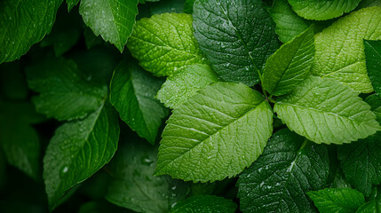 Lush green leaves, dew drops, garden background, nature texture