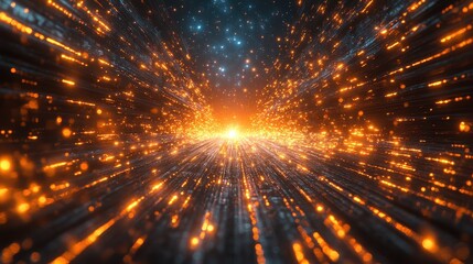 Fototapeta premium Orange light streaks tunnel, cosmic background, digital art, website header