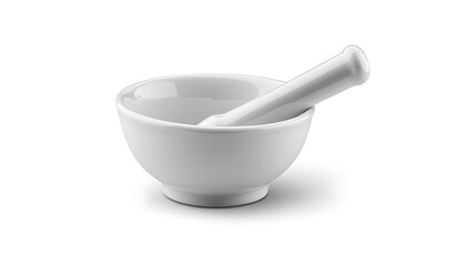 • A minimalistic ceramic mortar and pestle set, glazed in a soft eggshell hue, lies horizontally on a spotless white plane. The bright, diffused lighting underscores the unassuming contours 