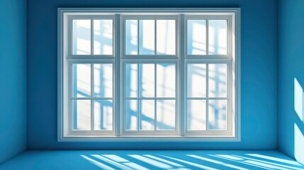 realistic window shadow overlay on blue background for interior design and natural lighting effects
