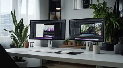 Home Office Workspace with Two Monitors