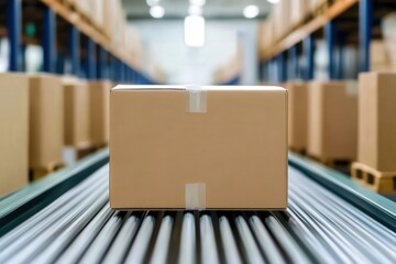 Efficient cardboard box transport on conveyor belt in warehouse industrial environment wide angle