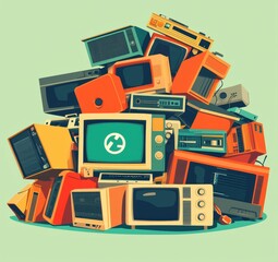A recycling green symbol depicting a pile of electronic waste