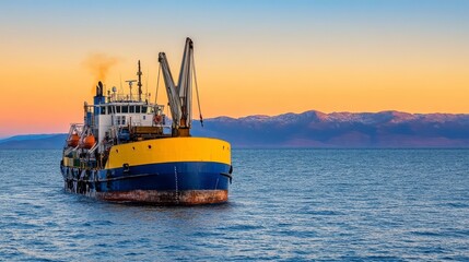 Fototapeta premium Panoramic view of a cargo ship on a body of water at sunset. The ship is predominantly blue and yellow, featuring crane arms. A soft golden orange