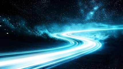 Abstract futuristic light trail against a starry sky with glowing celestial clouds