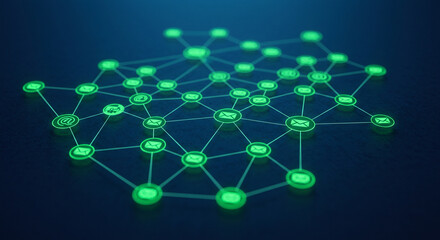 Green email icons connected in an abstract digital network