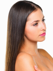 Naklejka premium Hair care, beauty and woman shine, wellness and confident person isolated on white studio background. Thinking, model and girl with healthy scalp, shampoo and volume with cosmetics, glow or treatment