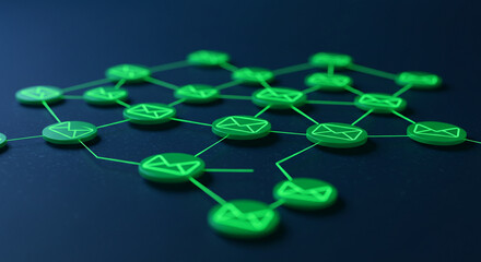 Green email icons connected in a digital network