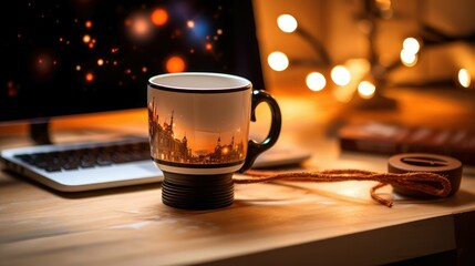 Obraz premium camera coffee mug on desk