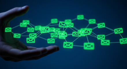 Green email icons connected in an abstract network