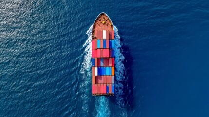 High angle full shot of a cargo vessel moving through calm blue water, filled with colorful shipping containers. The vessel's wake is visible behind