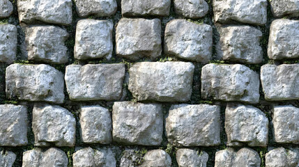Obraz premium A seamless texture of weathered, gray stone wall with deep chipped rock surface, perfect for creating realistic medieval or ancient structures. The stones have rough edges and natural wear marks, 