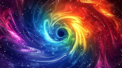 A swirling, colorful abstract background with a black hole in the center.