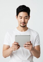 Happy young man using digital tablet wearing plain t-shirt isolated on white background . Ai generative 